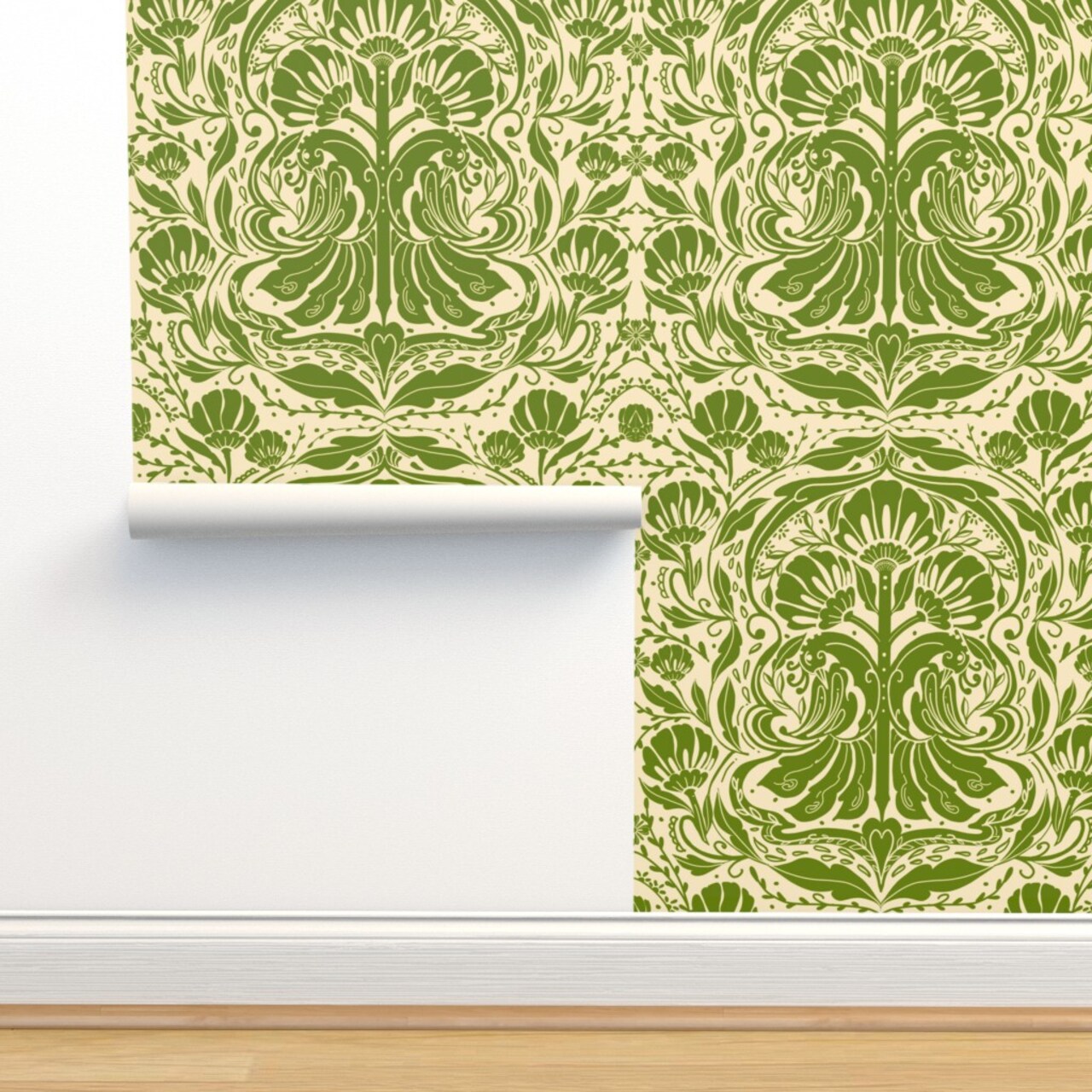 Green Yellow Nature Birds Victorian Summer Damask Olive Baroque Chinoiserie Rococo Art Nouveau Large Scale Custom Pre-pasted Wallpaper by Spoonflower Pre-Pasted Wallpaper 2FT Wide